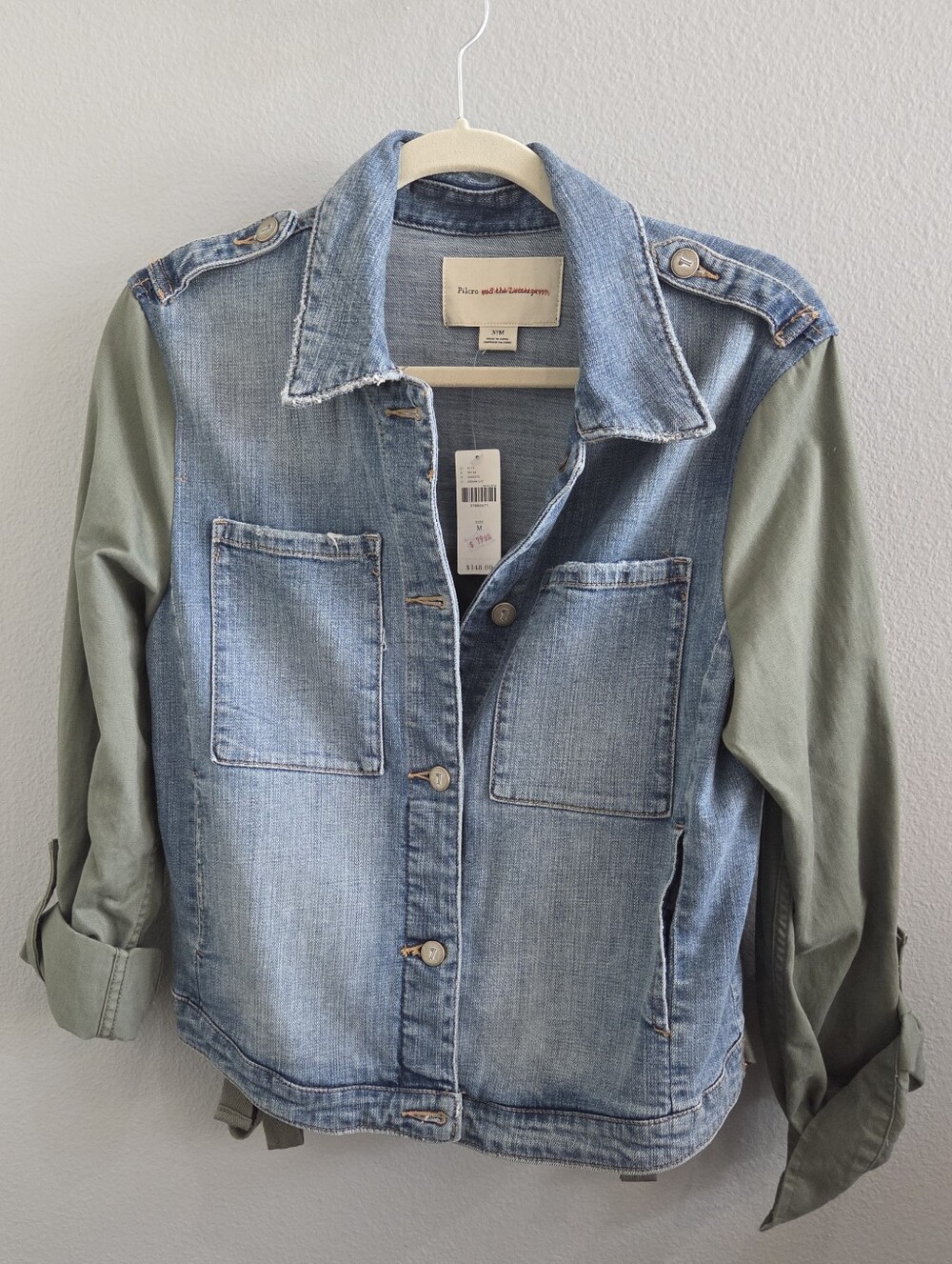 NWT Anthrologie Pilcro Two-Tone Denim Jacket with Olive Sleeves